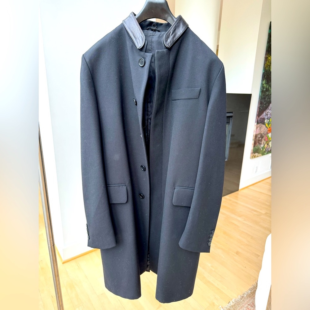 Helmut Lang black wool overcoat with detachable leather mandarin collar size 50